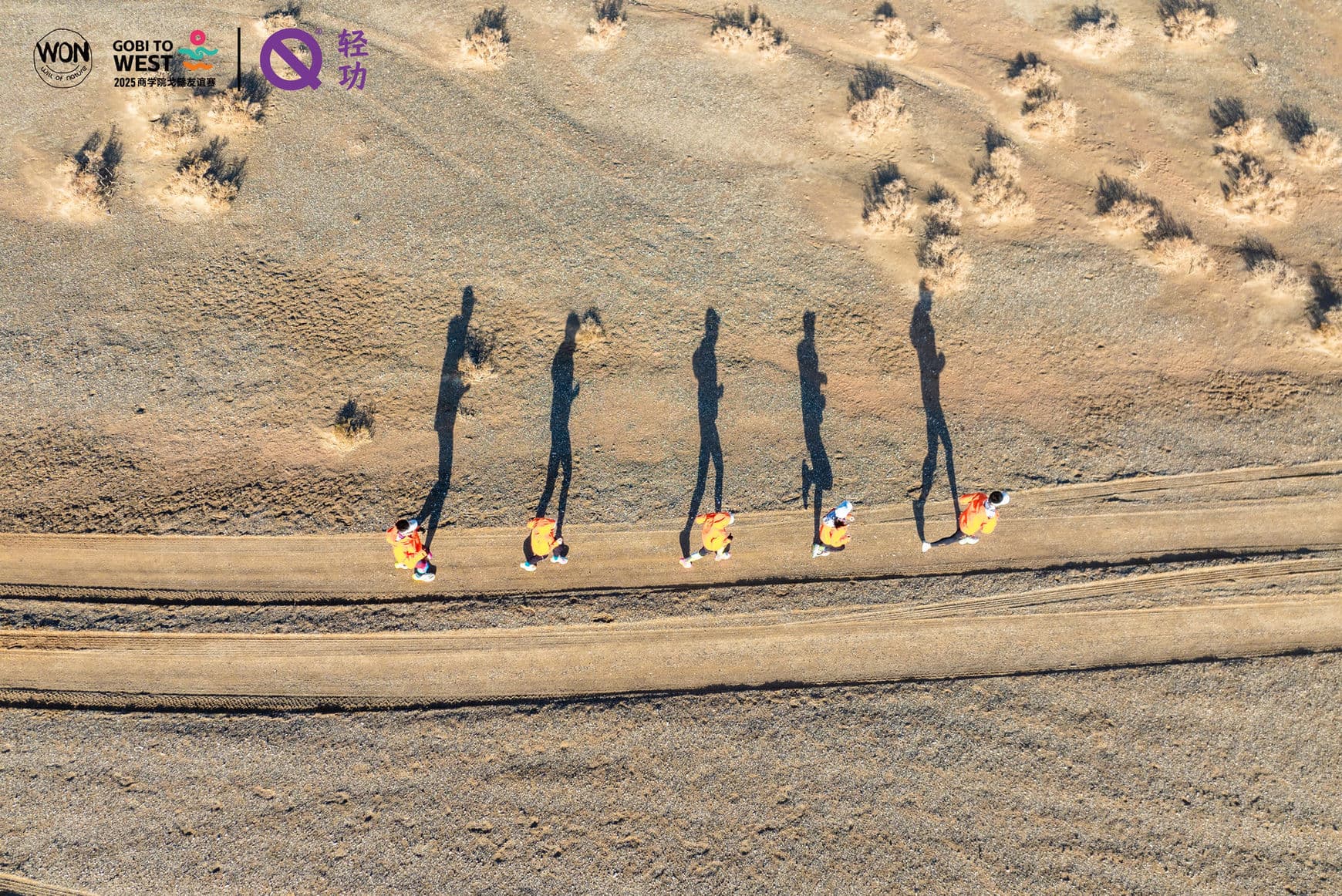 Aerial view of runners in the Gobi Desert